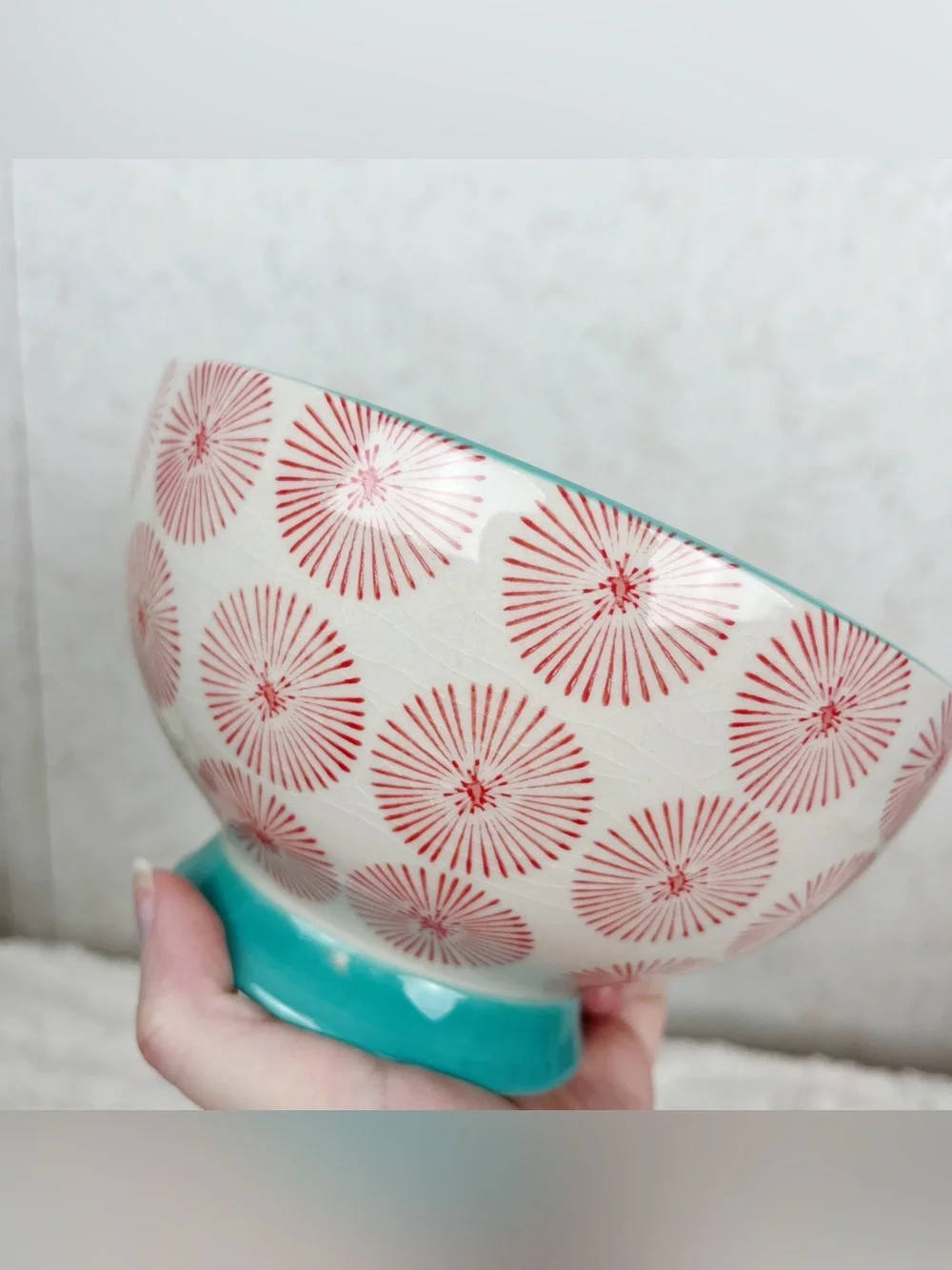Pioneer Woman Happiness Footed Bowl Red Starburst Aqua Trim Whimsy Farmhouse
